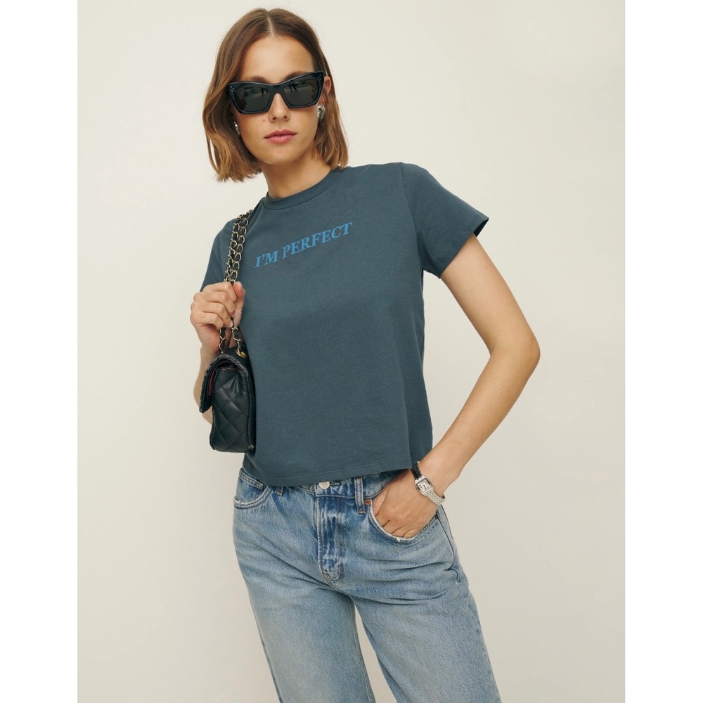 Reformation Graphic Tee Womens S Grey I'M PERFECT Earth Print Organic Cotton Top